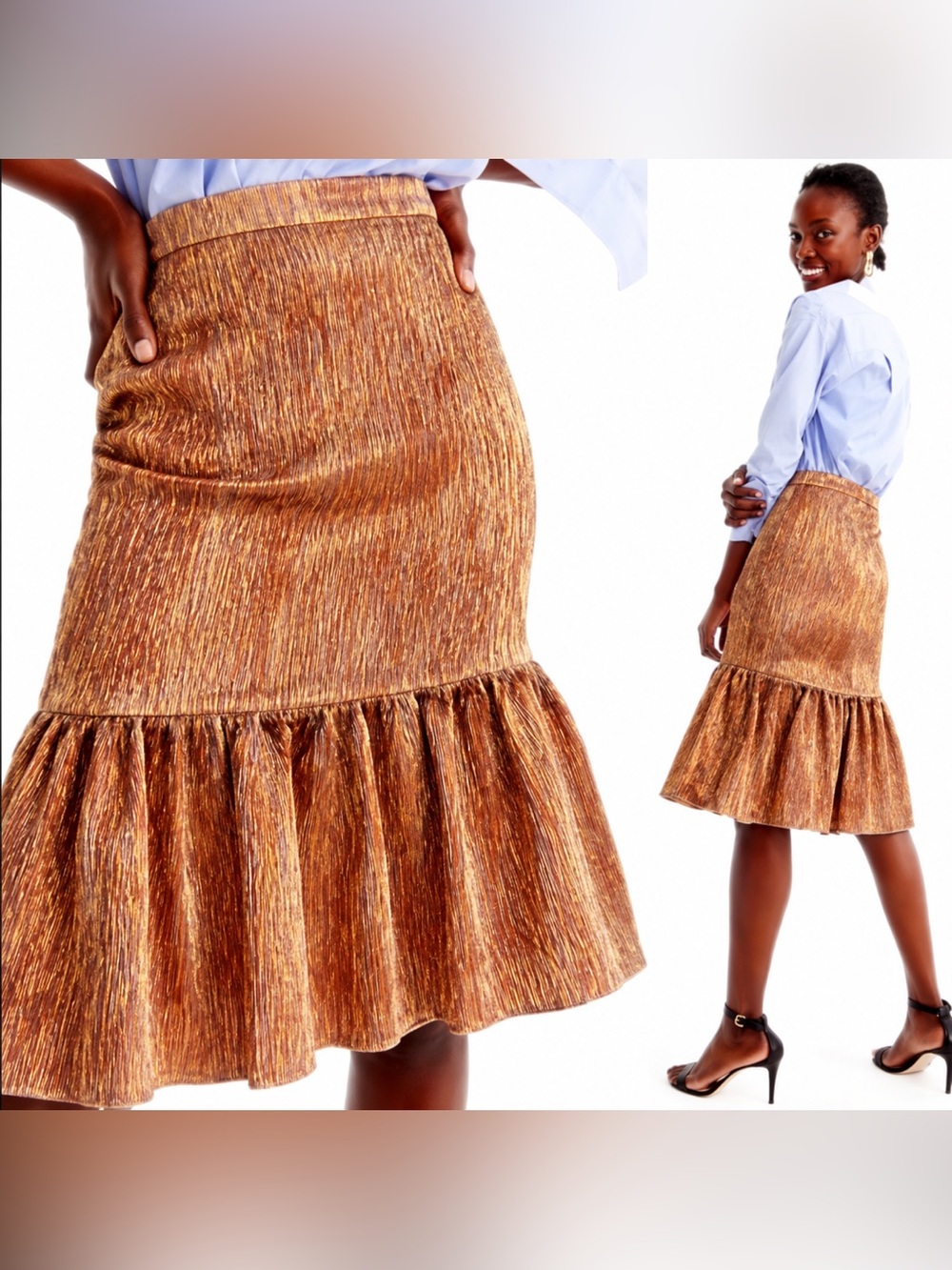 J. CREW Collection Rose Gold Fluted Metallic Copper Ruffle Hem Midi Skirt (130)